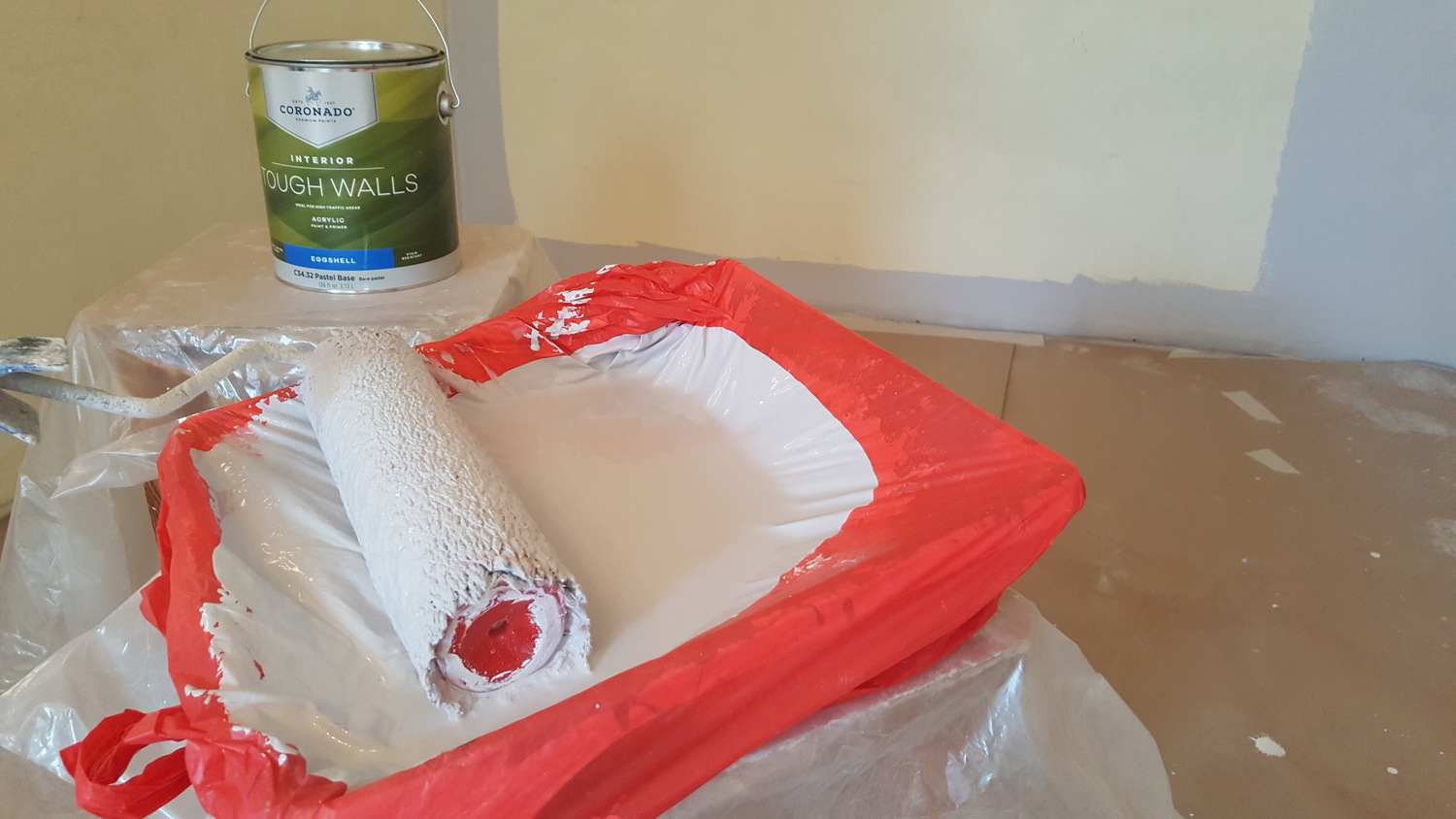 Tray and roller for interior wall painting with acrylic paints